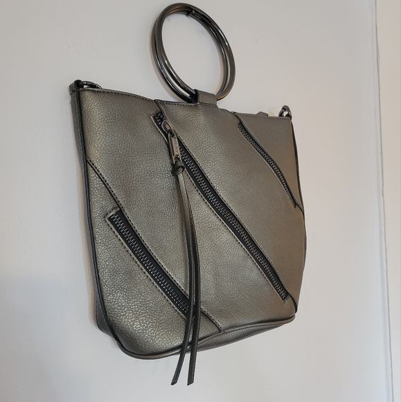 Joe’s Jeans Bucket Bag Metal Ring Crossbody Handbag Metallic Gray Detach Strap - Picture 4 of 11